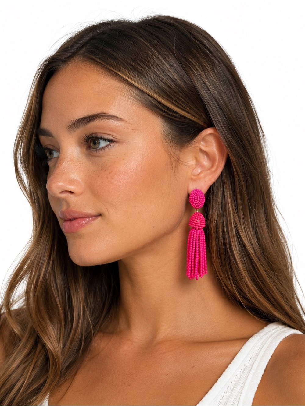 Women's Beaded Tassel Earrings - Pink